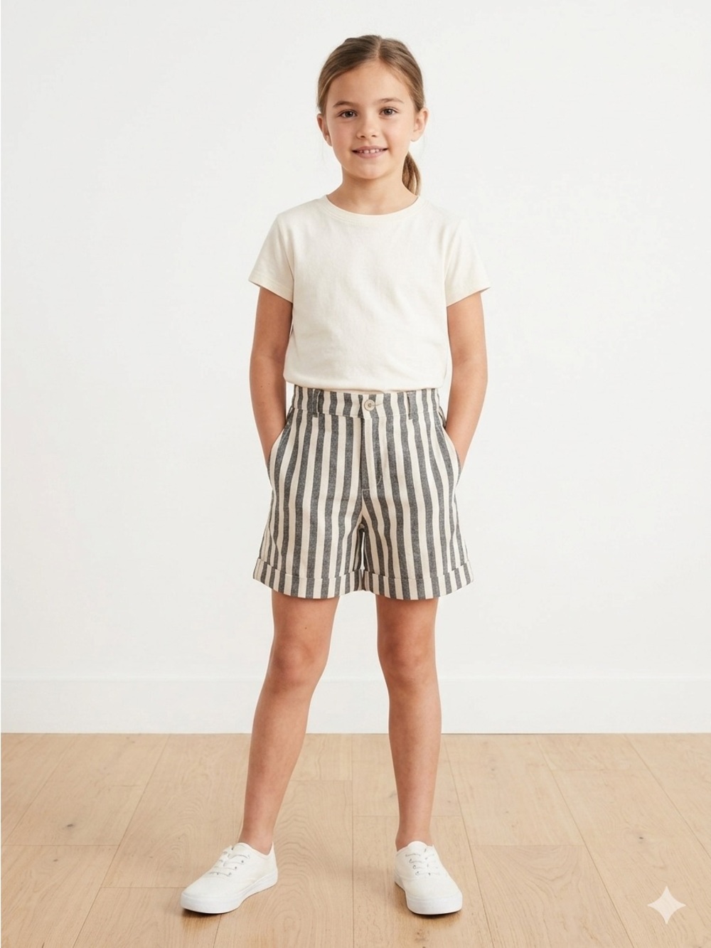Zara Kids Cream & Gray Vertical Stripe Linen Shorts 13-14 Nautical Neutral Sea